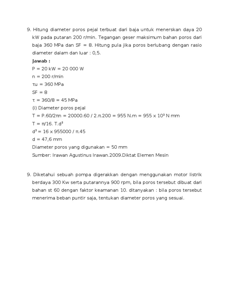 Hitung Diameter Poros Pejal Terbuat Dari Baja Untuk Menerskan Daya 20 Kw Pada