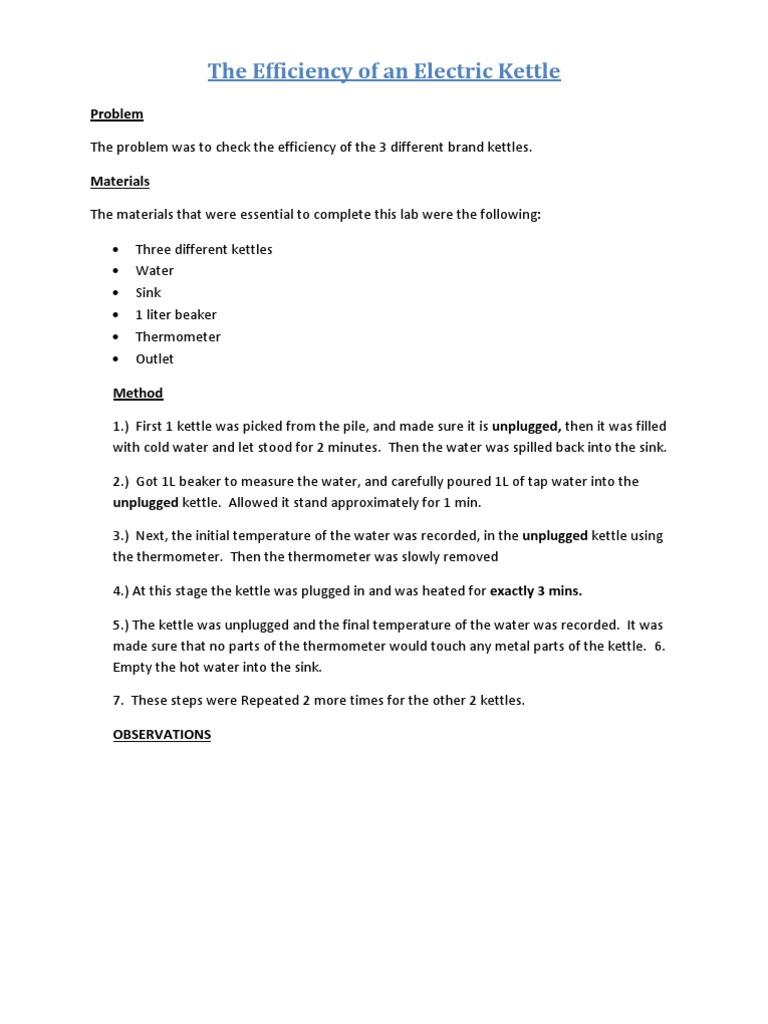 The Efficiency Of An Electric Kettle Pdf Temperature Heat