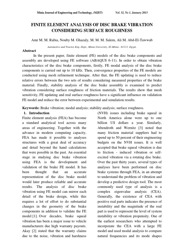 Finite Element Analysis of Disc Brake Vibration Considering Surface ...