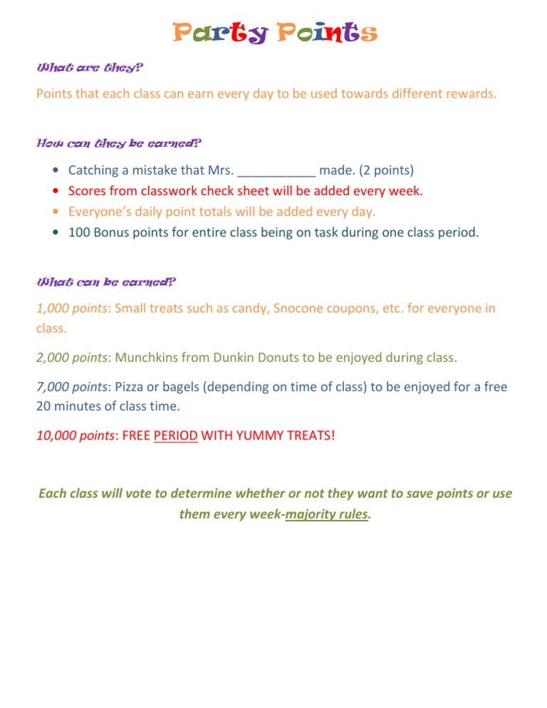 Points That Each Class Can Earn Every Day To Be Used Towards Different ...
