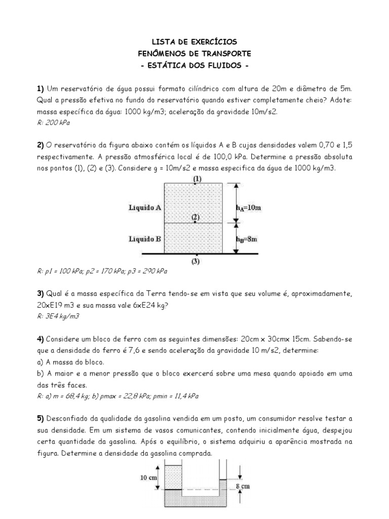 Lista Exercicios Hidrostatica | PDF | Pressão | Umidade