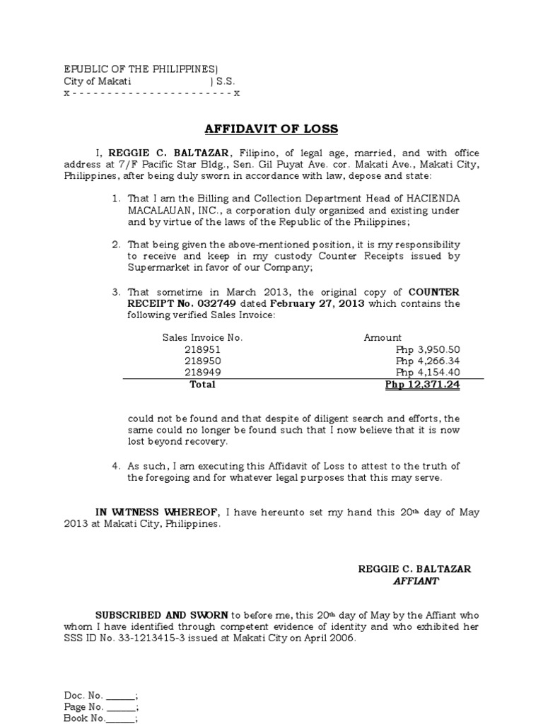 Affidavit of Loss