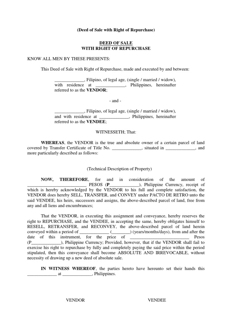 Deed of Sale With Right of Repurchase | PDF
