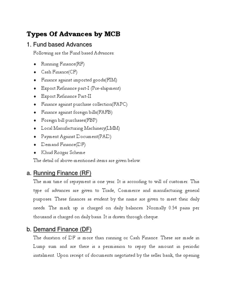 types-of-advances-by-mcb-pdf-credit-finance-letter-of-credit