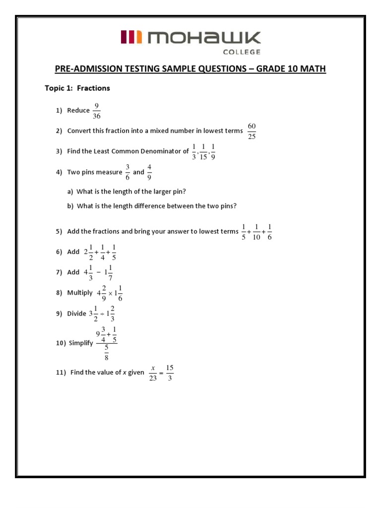 Grade 10 Math Pre-Admission Questions | PDF | Decimal | Fraction ...