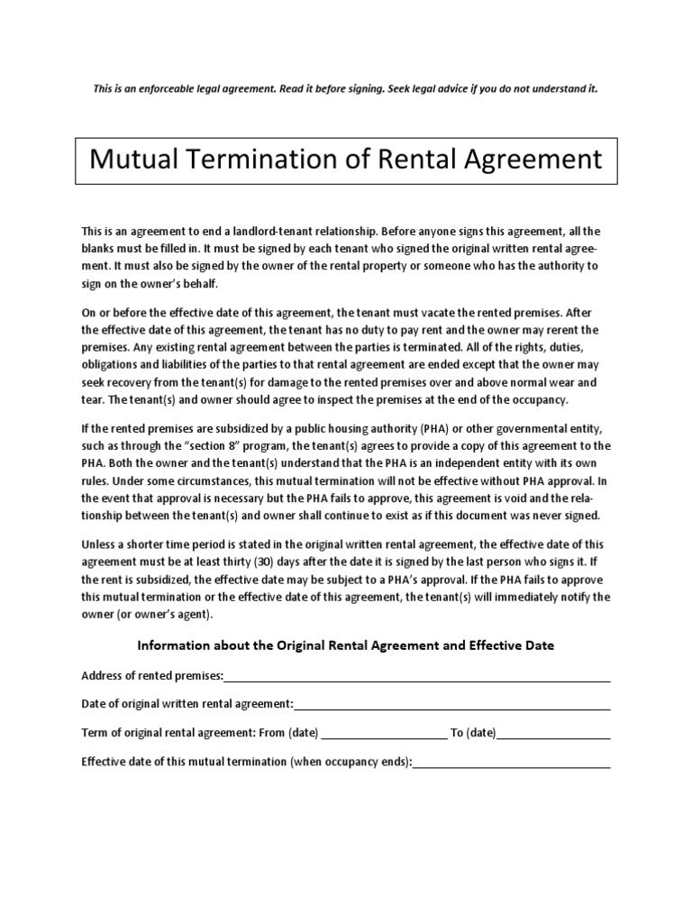 Mutual Termination of Rental Agreement | Lease | Leasehold Estate