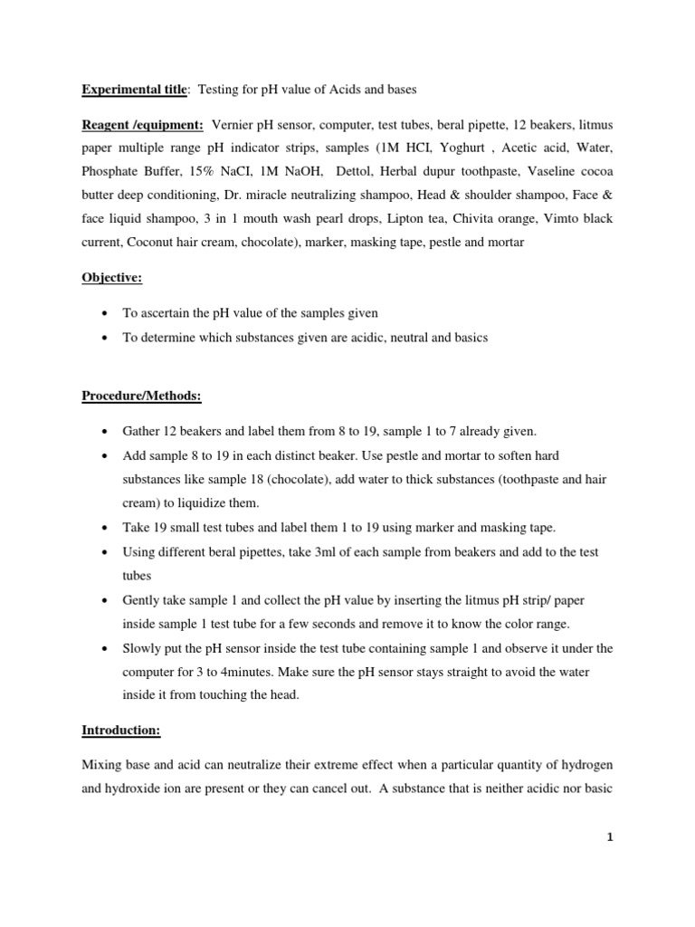 Experimental Title Testing For PH Value of Acids and Bases Reagent /equipment Vernier PH