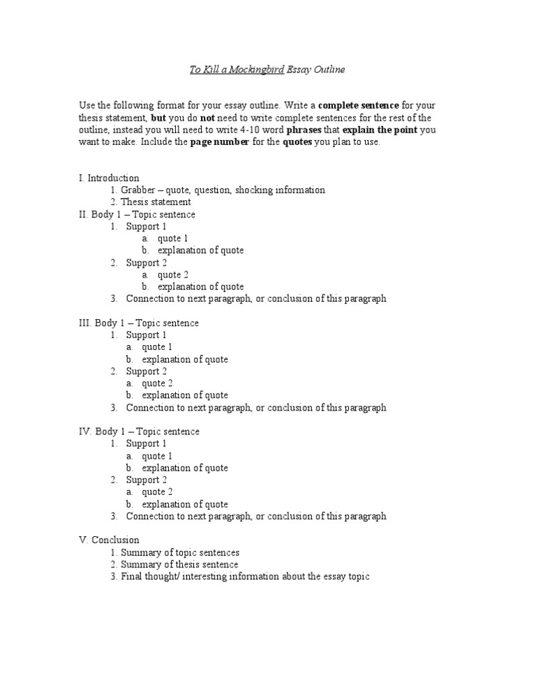 To Kill A Mockingbird Essay Outline PDF Essays Paragraph