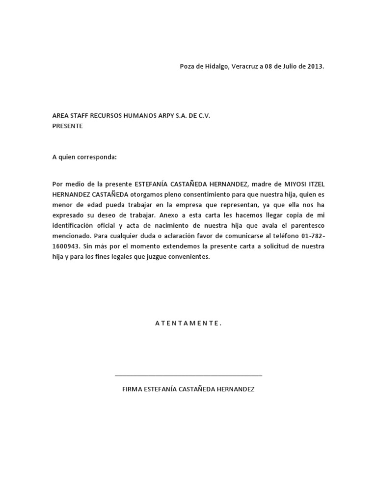 Carta de consentimiento para trabajo menor | PDF | Derecho