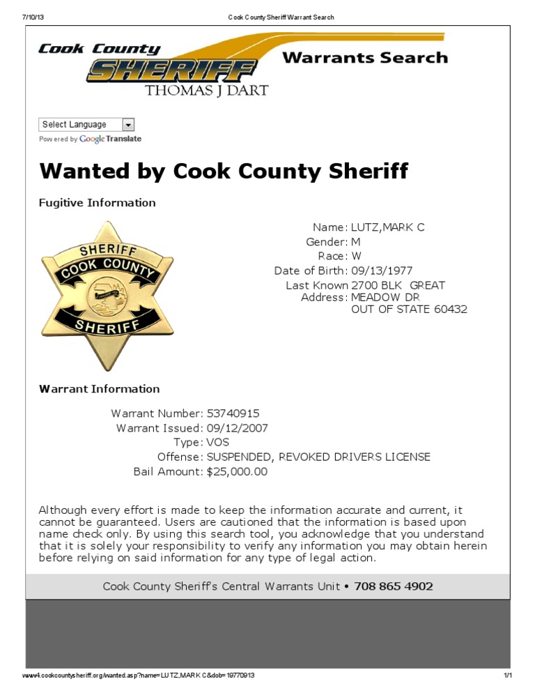 Cook County Sheriff Warrant Search MARK C LUTZ