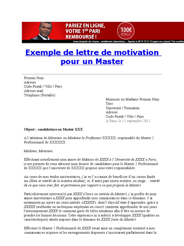 Exemple de Lettre de Motivation Pour Un Master