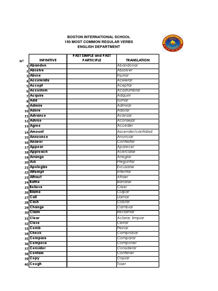 150 Common Regular Verbs List | PDF | Leisure | Entertainment (General)