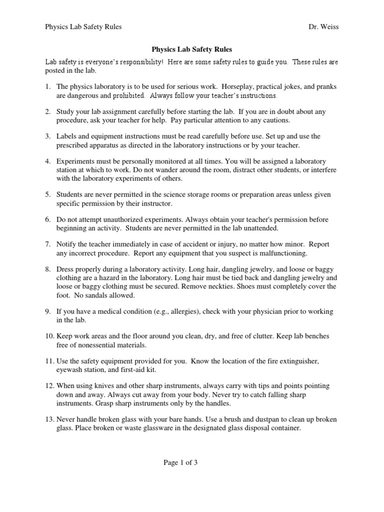Physics Lab Safety Rules PDF Laboratories Ac Power Plugs And Sockets