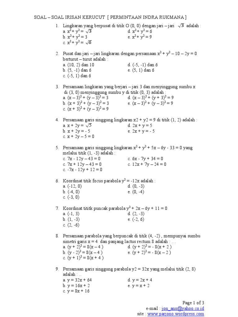 Soal Soal Irisan Kerucut