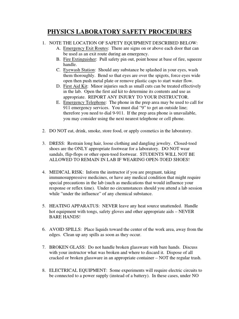 Physics Laboratory Safety Handout Laboratories Safety
