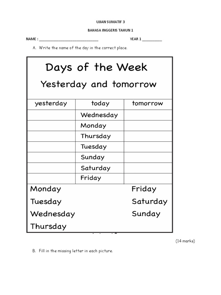 Ujian Sumatif Bahasa Inggeris Year 1
