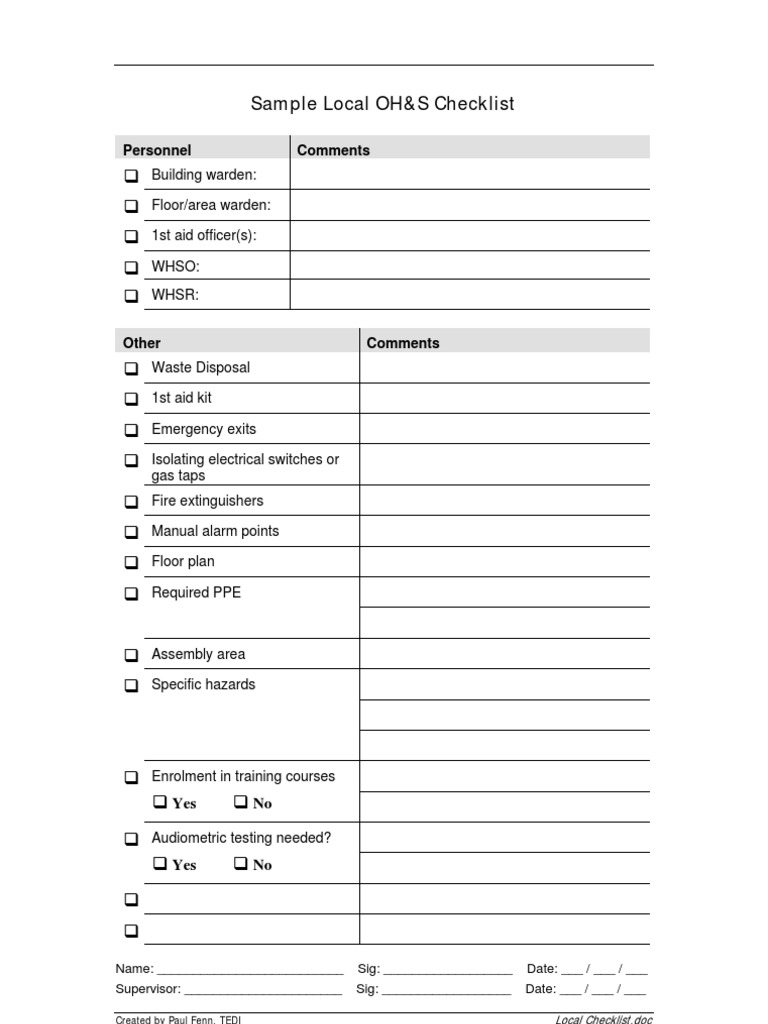 Local OH&S Safety Checklist Template | PDF