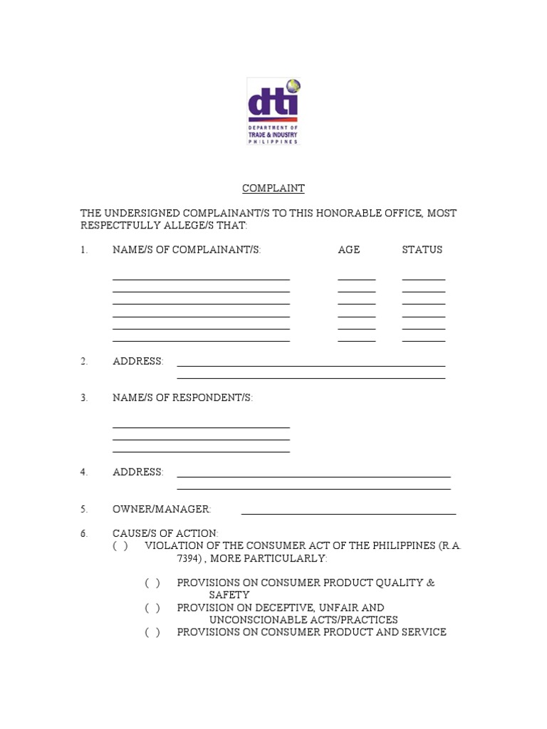 Consumer Complaint Form Template | PDF