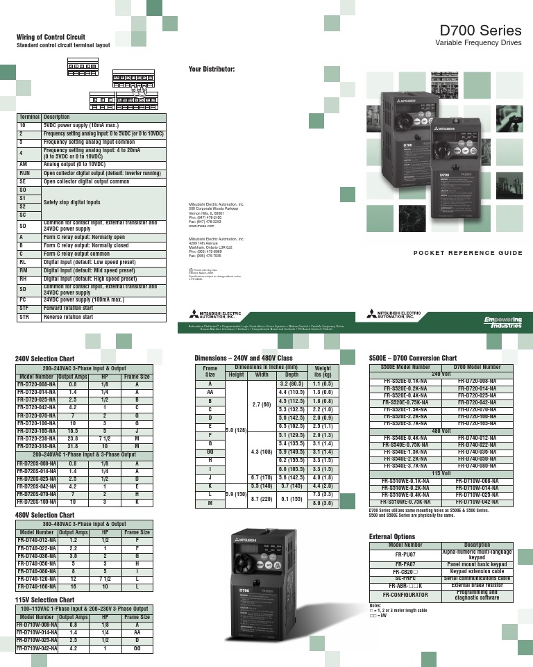Mitsubishi D700 VFD POCKET_GUIDE_2009-03 | Power Supply | Switch