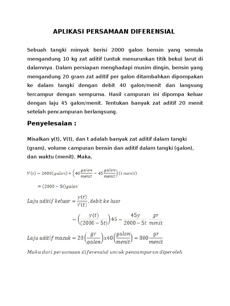 Contoh Soal Aplikasi Persamaan Diferensial Orde Satu