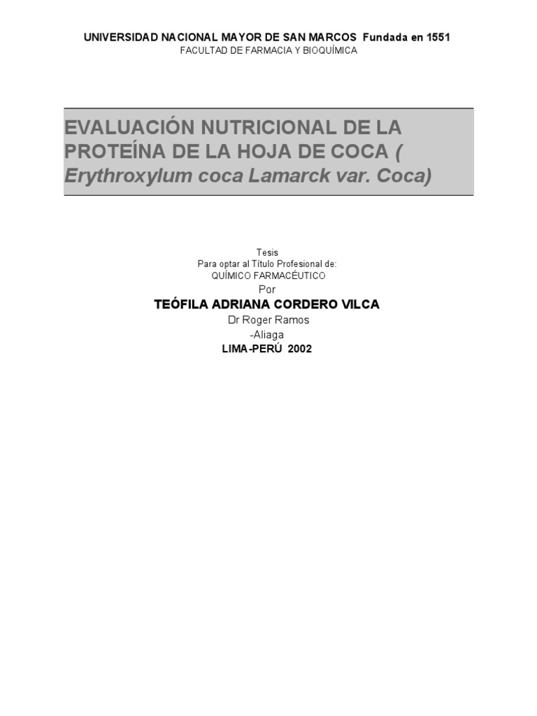 Tesis QF Eva Nutricional de la proteína de Hoja de Coca PDF Cocaína