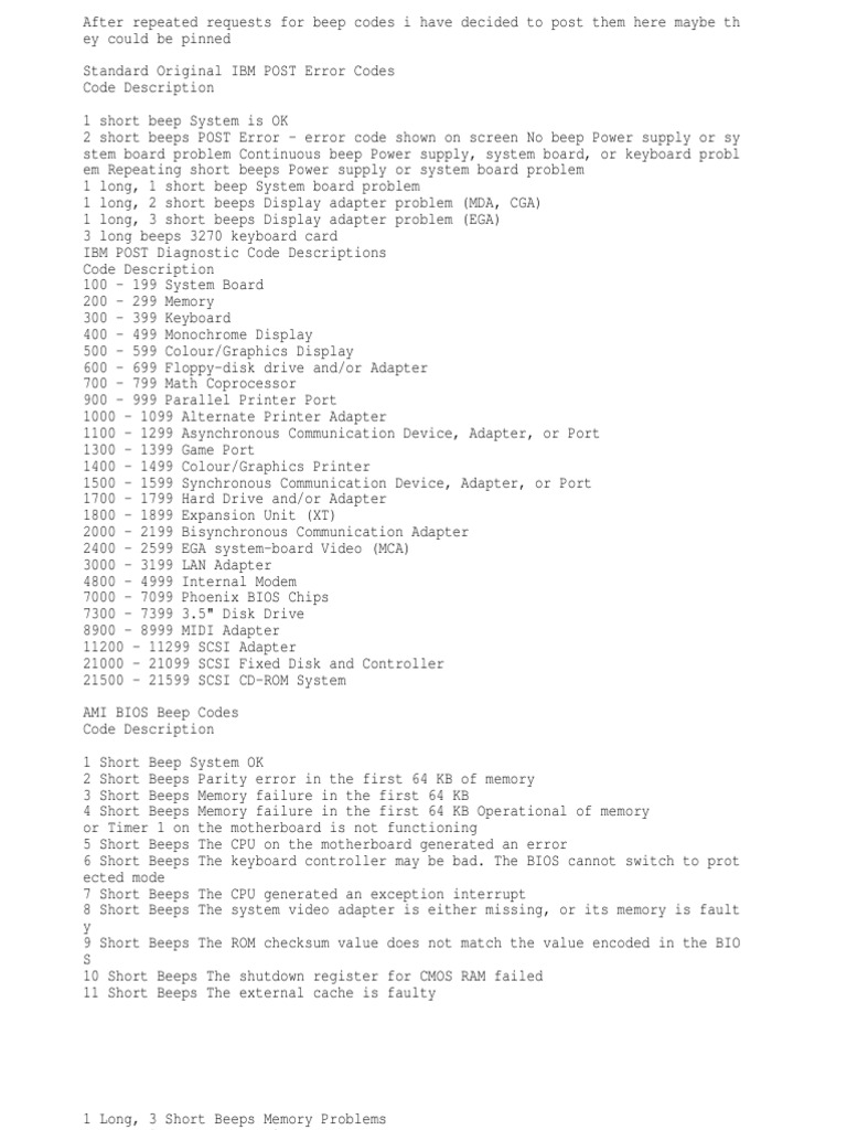 Beep Codes Error Codes | PDF | Bios | Random Access Memory