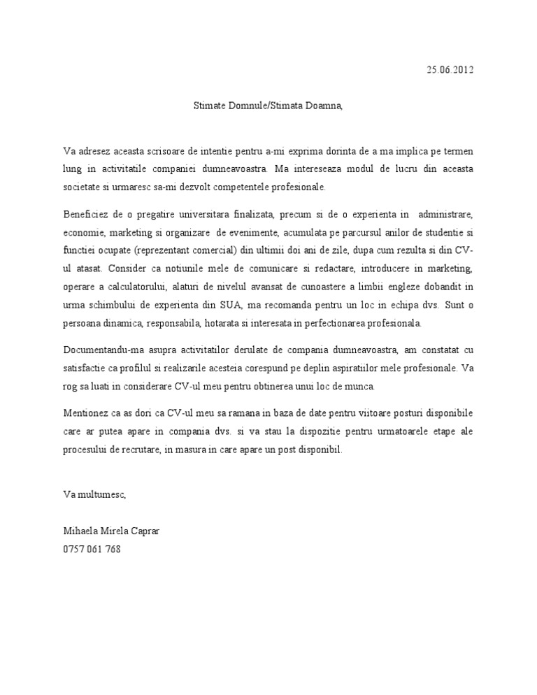 Scrisoare de Intentie