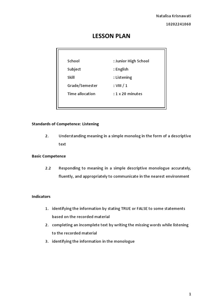 Lesson Plan Listening Pdf Cognition Schools