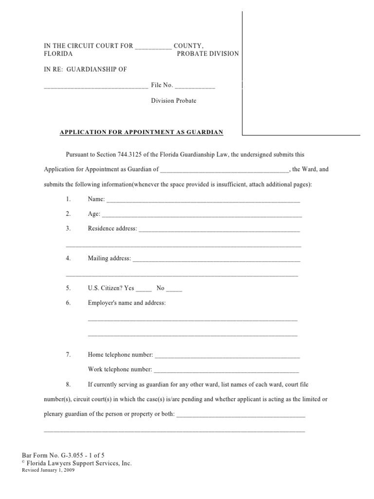 Florida Guardianship Form PDF Legal Guardian Surety Bond