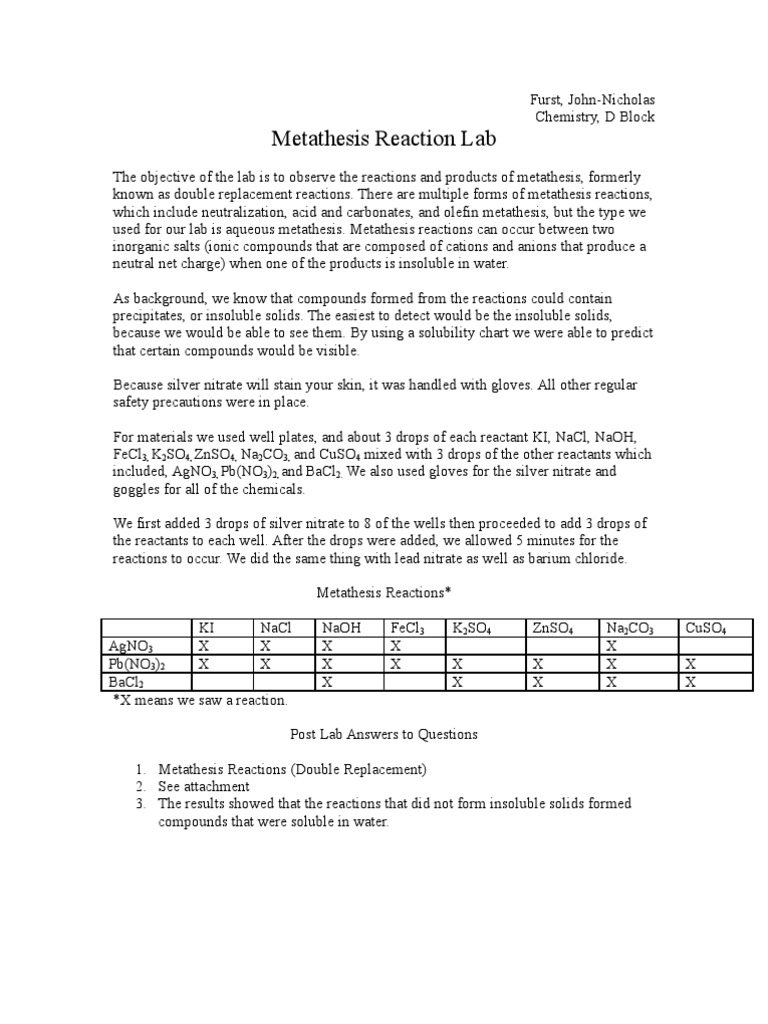 Metathesis Reaction Lab PDF Solubility Chemical Reactions