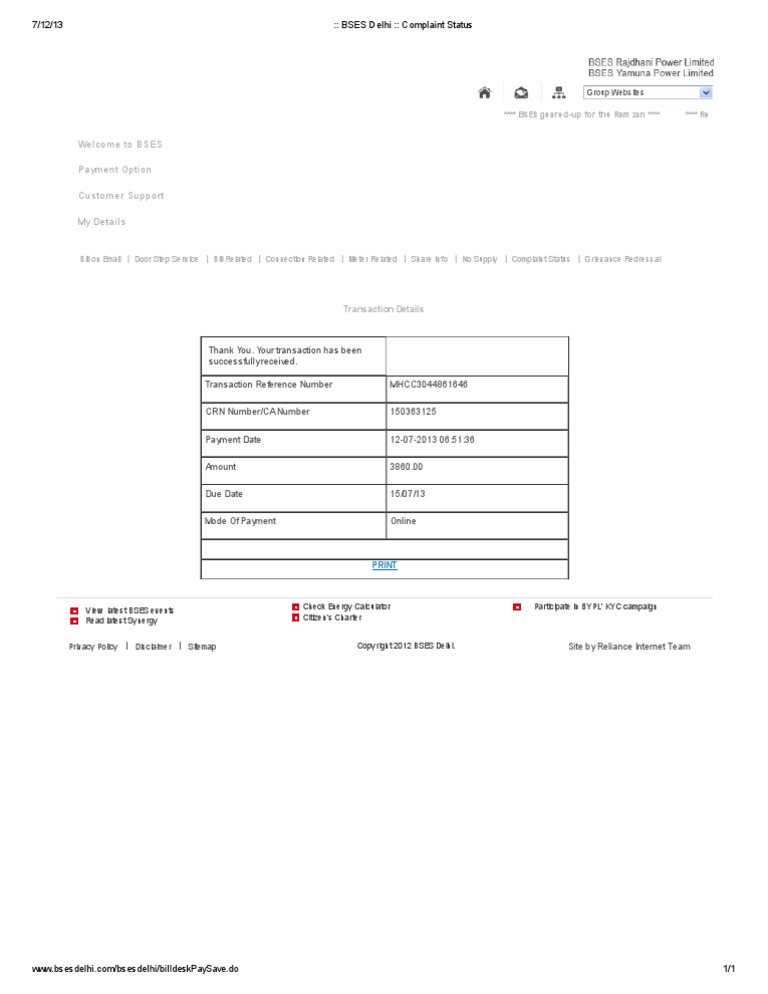 BSES Delhi - Complaint Status | PDF | Computers