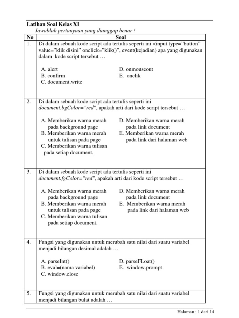 Latihan Soal Javascript Kelas XI | PDF