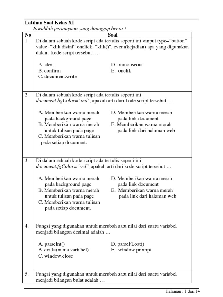 Latihan Soal Javascript Kelas XI PDF