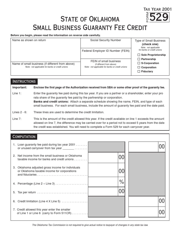 State of Oklahoma Small Business Guaranty Fee Credit Instructions