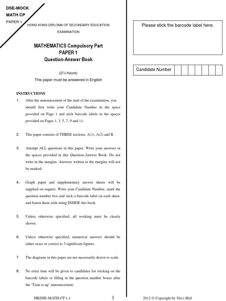 MATHEMATICS Compulsory Part Paper 1 Question-Answer Book: Dse-Mock Math ...