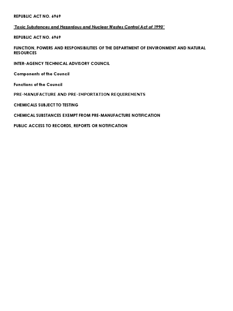 RA 6969: Toxic Substances Control Act | PDF | Toxicity | Chemical ...