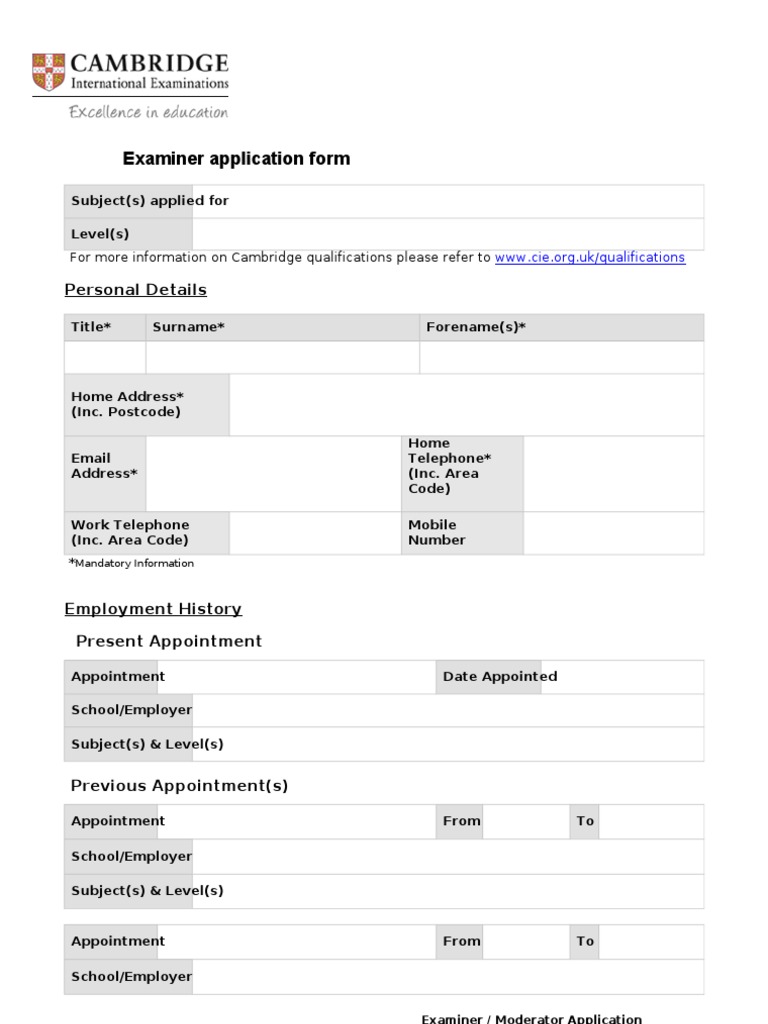 Examiner Application Form PDF Forum Test (Assessment)