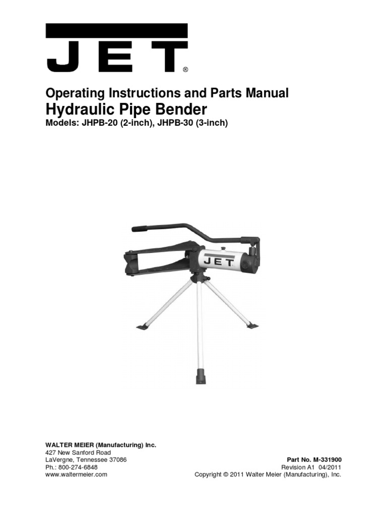 Hydraulic Pipe Bender Operating Instructions and Parts Manual PDF