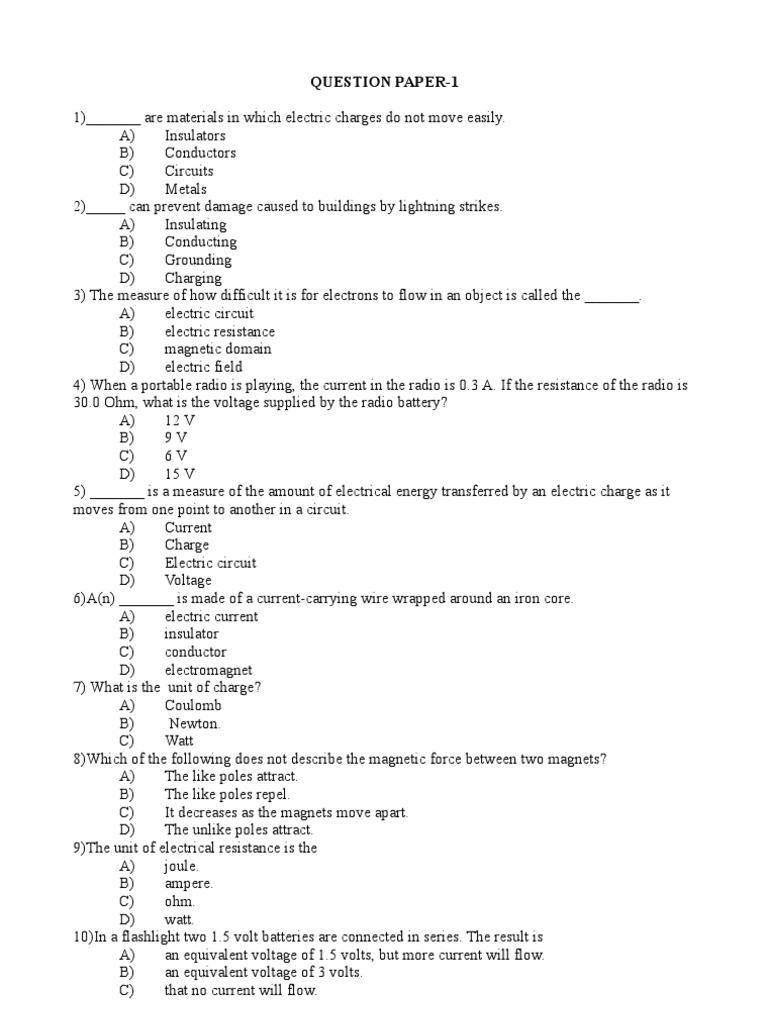 MCQ on Electricity and Electric Current Volt