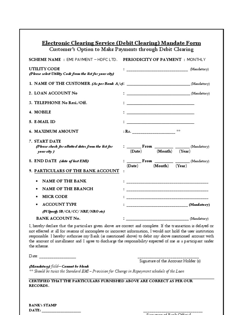 HDFC New ECS Mandate Format Debit Card Banks