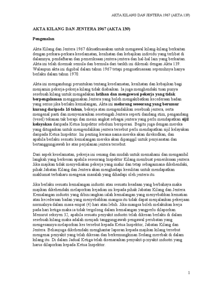 Akta Kilang Dan Jentera 1967 Akta Kilang Dan Jentera 1967