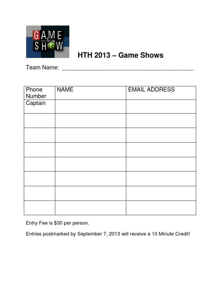 HTH 2013 Game Show Entry Form | PDF