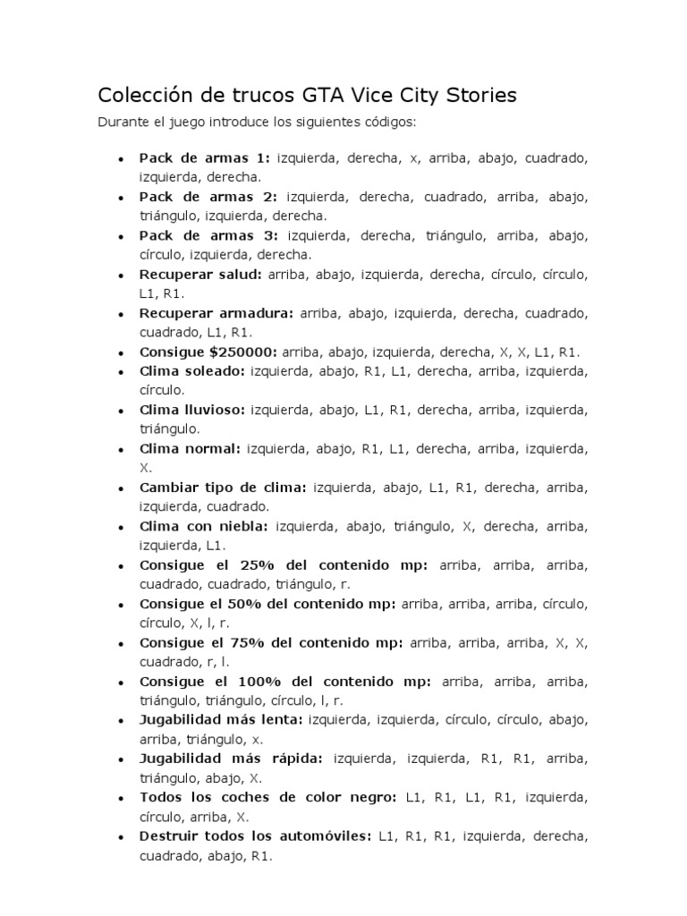 Trucos GTA Vice City Stories PSP Conflicto armado Ocio