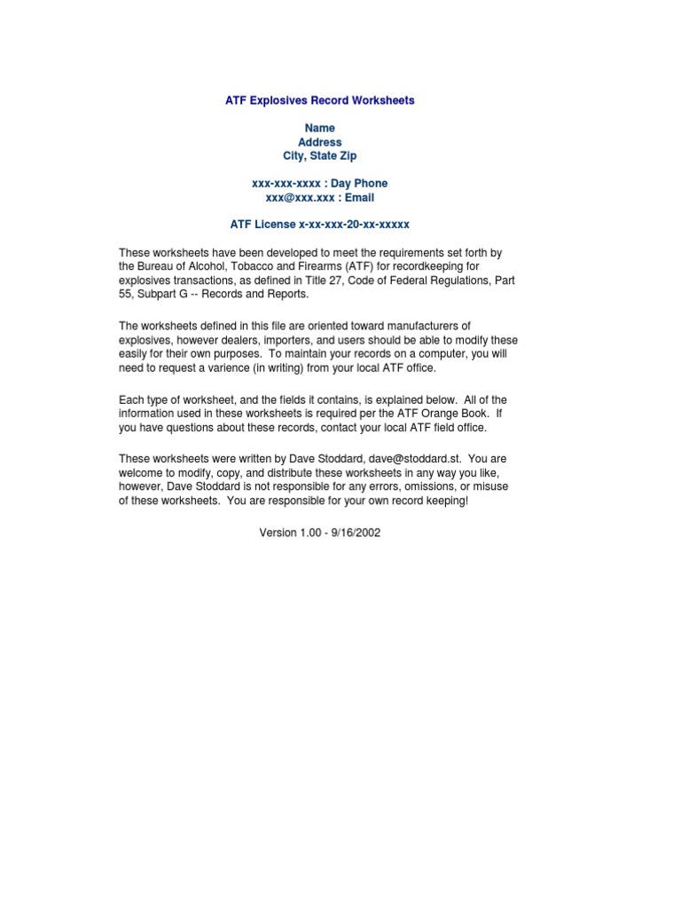 ATF Explosives Recordkeeping Worksheets | PDF | Bureau Of Alcohol ...