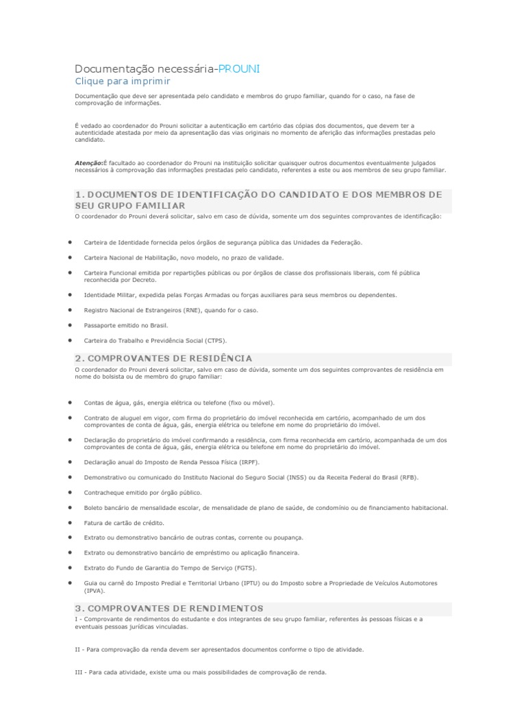 Documentação Necessária PROUNI | PDF | Imposto de Renda | Impostos