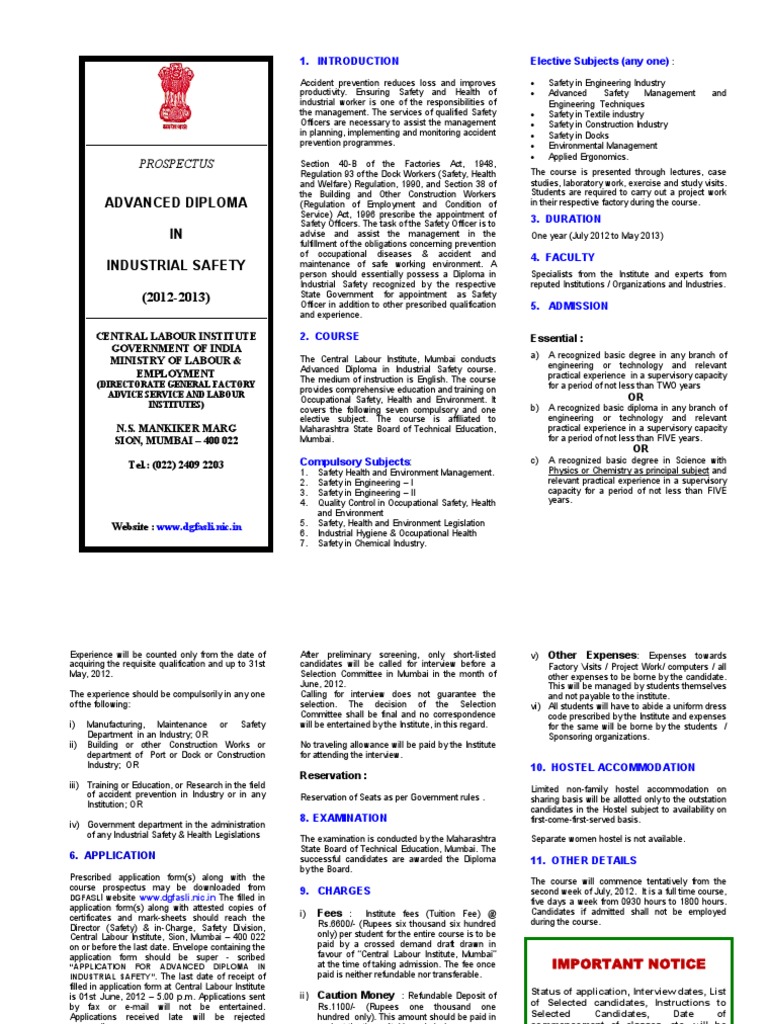 Advanced Diploma Industrial Safety Occupational Safety And Health