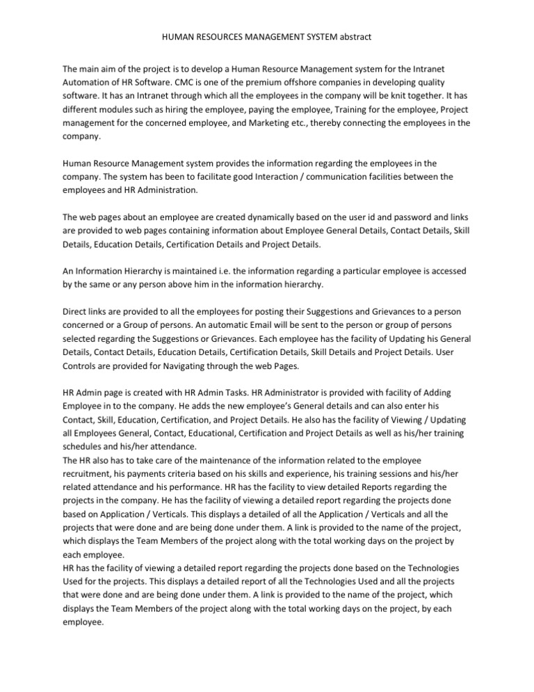 Human Resources Management System Abstract | PDF | Human Resource ...