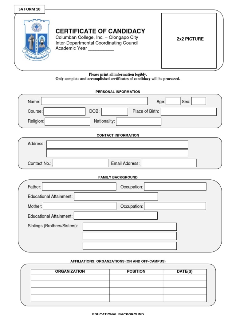 Certificate of Candidacy College Academic Certificate