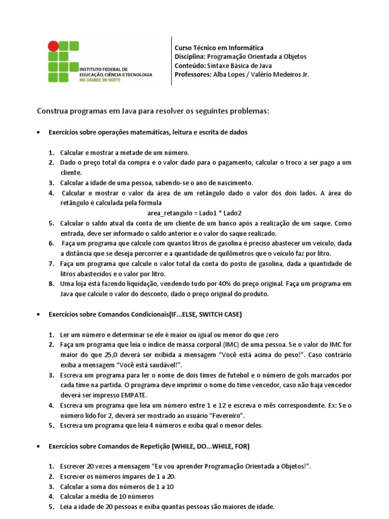 Lista de Exercicíos 01 - Sintaxe Basica Java | PDF | Índice de massa ...