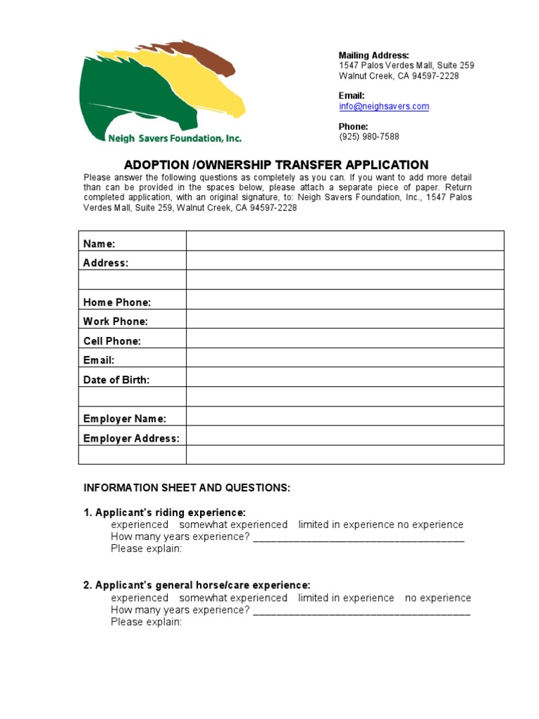 Neigh Savers Adoption Application | PDF | Horses | Wellness
